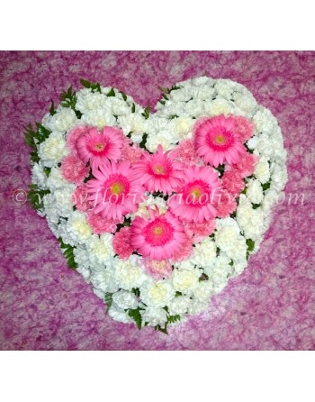 CORAZÓN DE CLAVELES Y GERBERAS BASE GRANDE CON FLOR (60 x 60 cm)